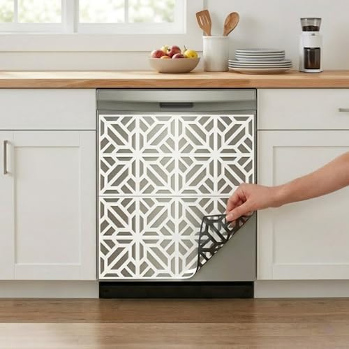 Magnetic Dishwasher Cover 23 x 26 Inch (2-Pack Panels) Matte White Geometric Lattice Design Flexible Magnetic Vinyl Scratch Cover Removable No Tools Kitchen Decor Panel