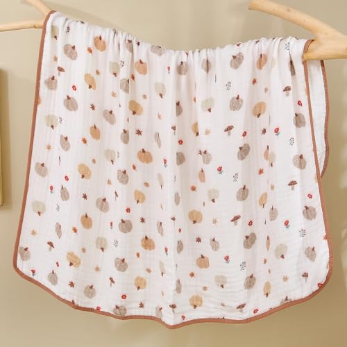 Image of Ultra Soft 6-Layer Muslin Baby Blanket 43 inchx43 inch Happy Fall Pumpkin Breathable Lightweight Muslin Cotton Swaddles Bed Blankets for Toddlers Babies Newborn Birthday Gifts All Seasons
