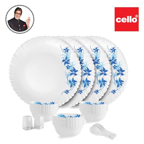 Image of Cello Opalware Dazzle Series Blue Swirl Dinner Set | Microwave & Dishwasher Safe | Light-Weight & Thermal Resistant | Crockery Set for Dining & Gifting | 22 Units