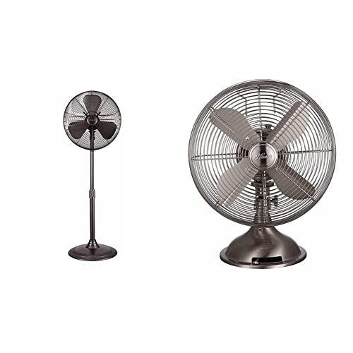 Hunter Adjustable 3 Speed Retro Pedestal Stand Floor Fan, 80 Degree Oscillation, 16", Onyx Copper & 90400Z All Metal Retro Table Fan - Powerful 3 Speeds And Smooth Oscillation, 12", Brushed Nickel #TOP11