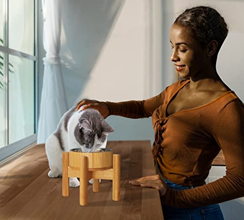 Raised Bamboo Bowl For Small Dogs - Set Of Bowl, Inner Dish And Stand - (6X7 Inch) For Puppy, Cats And Petite Dog Breed #TOP7