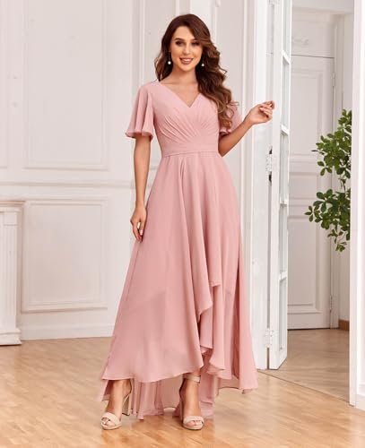 Image of LANGKAAO Women's V Neck Bridesmaid Dresses with Sleeves for Wedding Chiffon A-Line Pleated High Low Formal Gown with Pockets