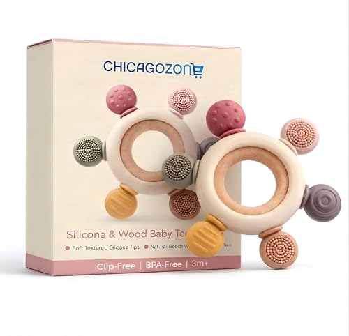 Image of CHICAGOZONE Premium Baby Teether | Silicone + Wooden Ring | BPA-Free, Non-Toxic, Safe Chew Toy | Round Shape | Color - Beige for Babies 3+ Months