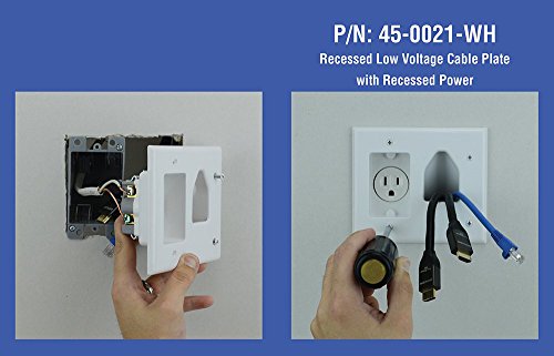DATA COMM Electronics 45-0021-WH Low Voltage Cable Wall Plate Pass Through with Recessed Power Outlet, Wall-Mounted TVs, Conceals Low Voltage Cord, Single Gang Retrofit Compatible, White