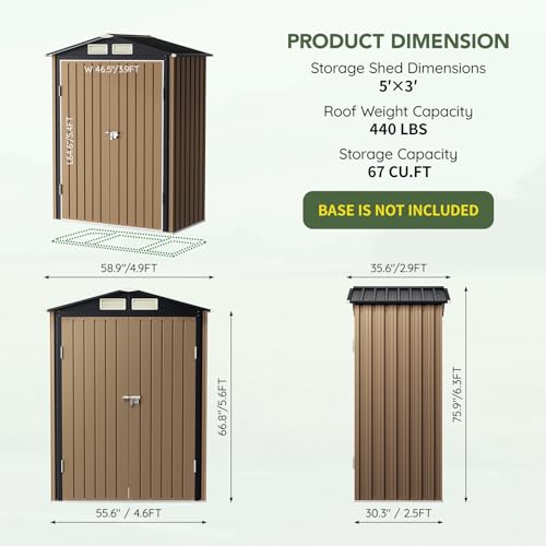 Image of 5x3 FT Outdoor Metal Storage Shed, Double Door, 1 Clear Window, Tool Shed for Garden, Patio, Backyard Brown