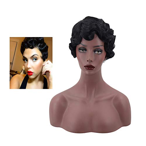 Mipper Retro Black Short Curly Synthetic Hair Women Wig Finger Wave Wig For Black Women Daily Dating Party #TOP7
