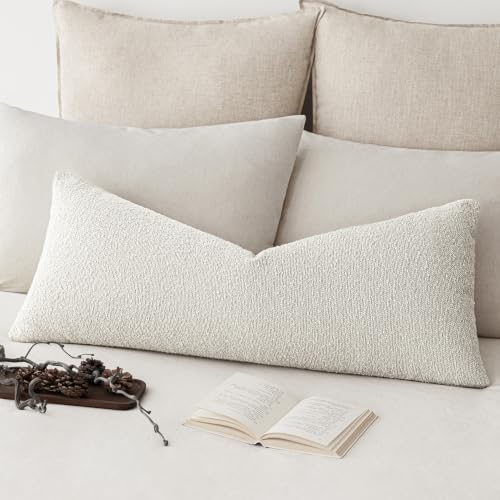 Image of Foindtower Decorative Textured Boucle Throw Pillow Covers Accent Solid Pillow Cases Neutral Long Body Lumbar Couch Cushion Case for Chair Sofa Bedroom Living Room Home Decor 14x36 Inch,1PC,White