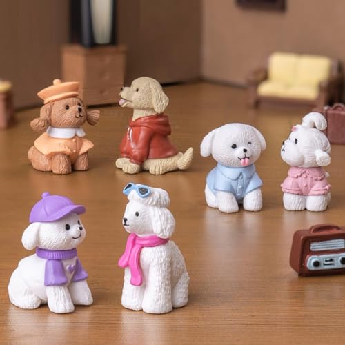 KARLOR Mini Hunde Figuren Set, 6 Stück Welpen Figur, modische Welpen in süßer Kleidung,Teddy Golden Retriever Bichon Malteser Haustiere Figur Tier-Ornamente Sammlungsstück Geschenk Desktop Deko