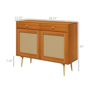 HOMCOM Storage Cabinet Boho Kitchen Cabinet with 2 Drawers Adjustable Shelf Rattan Doors and Wooden Legs Accent Cabinet for Living Room Light Brown