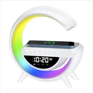 مصباح طاولة مزود بمكبر صوت بلوتوث ذكي بتقنية الفضاء اللوني ار جي بي مع صندوق صوت وشاحن بلوتوث يعمل بالحث مع شحن لاسلكي وضوء ليلي محيطي