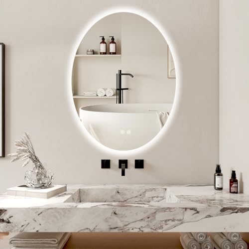BuLife 28 X 20 Inch Oval Backlit LED Bathroom Mirror Anti-Fog 3 Colors Light Dimmable Wall Mounted Lighted Bathroom Vanity Mirror Smart Makeup Mirror with Touch Switch