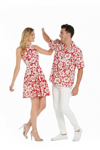 Image of Couple Matching Hawaiian Luau Men Shirt and Women Vintage Fit and Flare Dress in Classic Vintage Hibiscus