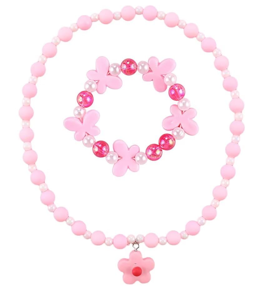 Azusa Sun Beaded Necklaces and Bracelets Set for Women Flower Butterfly Pendant Bead Stretch Necklace Party Favors Dress up Play Costume Jewelry Gift - Pink