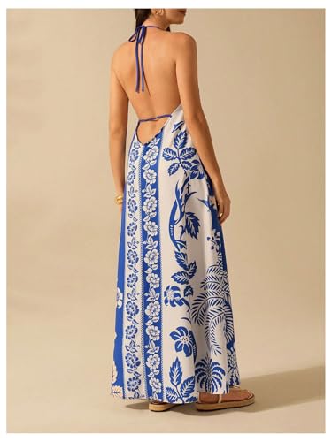 Image of SHENHE Women's Summer Tropical Floral Halter Maxi Dress Open Back Empire Waist Flowy Boho Dress
