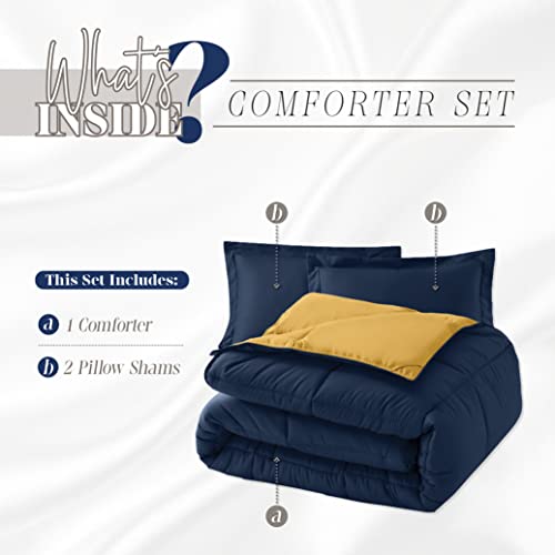 Image of Elegant Comfort 3-Piece Reversible Comforter Set, All Season Cozy, Soft Down Alternative, Quilted - Box Stitched - Duvet Insert with 4 Corner Tabs, Comforter with Shams, Cali King, Navy /Yellow