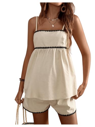 Image of MakeMeChic Women's Maternity 2 Piece Outfits Striped Lace Trim Shirred Cami and Shorts Pregnancy Set Apricot Medium