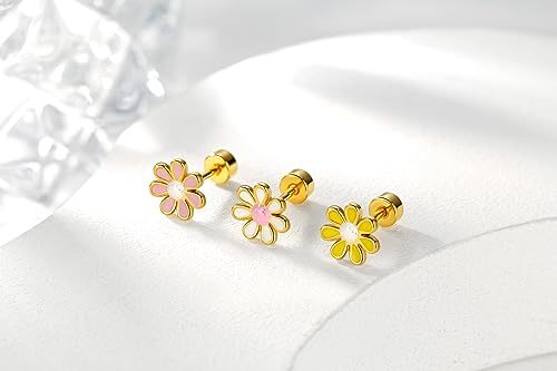 Titanium Daisy Flower Earrings,Hypoallergenic Earrings for Sensitive Ears,Pure Titanium Implant Grade Stud Screw Back Girls Women Teen 7mm2