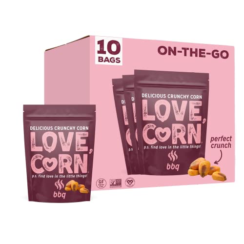 LOVE CORN BBQ 1.6oz x 10 Bags - Delicious Crunchy Corn - Healthy Family Snacks - Gluten Free, Kosher, NON-GMO - Alternative for Chips, Nuts, Crackers & Pretzels - Perfect for Charcuterie Boards