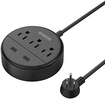 Flat Plug Power Strip with USB Ports, NTONPOWER Nightstand Desktop Charging Station with 5ft Short Extension Cord, Wall Mount, 3 Outlet and 2 USB, Small Size for Travel Home Office Dorm Room, Black