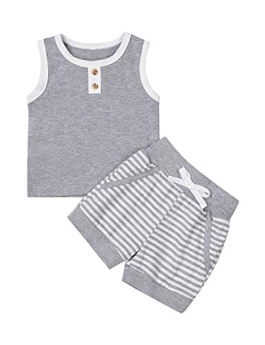 Baby Boy Clothes Solid Color Short Sleeve T-Shirt Tops Stripe Shorts Pants Summer Outfit (Sleeveless-Grey, 6-12Months)