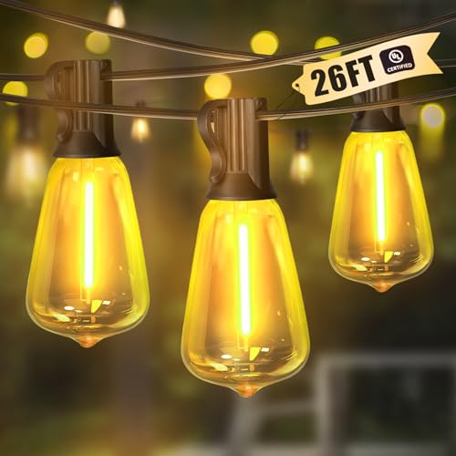 LAMPHOME 26Ft ST38 Outdoor String Lights Yellow Patio Lights with 12+1 ST38 Edison Bulbs LED Shatterproof String Lights for Outside Bistro Christmas Patio Party Decorations