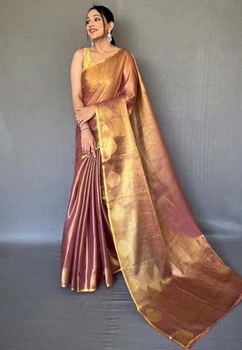 Image of SWORNOF Gold-Toned Woven Design Silk Zari Tissue Saree | Saree for Women | Soft and Skin Friendly