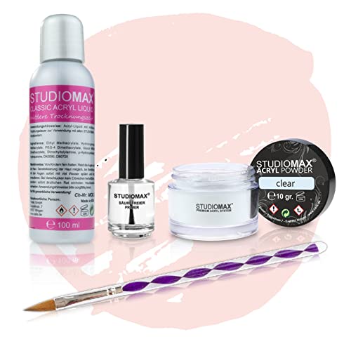 Acryl Nagelset - Acryl Liquid + Acrylpuder + Primer + Acrylpinsel Cover