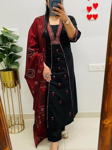 Image of ANNI Designer Navy Blue Pure Cotton A-Line Kurta Pant Dupatta Set for Women | Embroidery 3 Piece Suit with Straight Pants & Matching Dupatta | Festive Office Ethnic Wear
