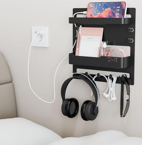 Yieach Bedside Shelf for Dorm Bed,Rv,Small Room and Nightstand,Wall Mounted Floating Shelves and Bedside Wall Organizer for Remote,Phone Holder,Charging Shelf,Cute Bedroom Decor for College Girl,Black