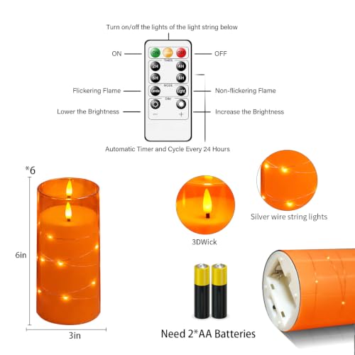 Image of Orange Flickering Flameless Candles with Remote Timer, 6 pcs LED Battery Operated Candles with String Lights, Halloween Fall Candles Decor for Home, Same Size D3 H6