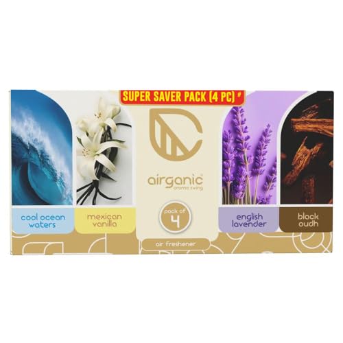 Image of Airganic Aroma Swing - Pack of 4 (40 ml) - Combo: Cool Ocean, Mexican Vanilla, Lavender & Black Oudh Car Perfume | Aroma Essential Oils in Glass Bottle with Wooden Diffuser Lid | Car Accessories 2026