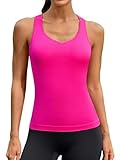 ATTRACO Racerback Athletic Tank Top Built-in Bra Slim Fit Yoga Top Gym Tank Hip Length Hot Pink L