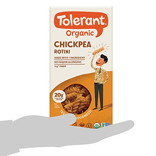 Tolerant Organic Chickpea Rotini Pasta, 8 Ounce Box (Case of 6), Plant-Based Protein, Vegan Pasta, Single Ingredient Protein Pasta, Gluten-Free Pasta, Clean Pasta, Low Glycemic Index Pasta
