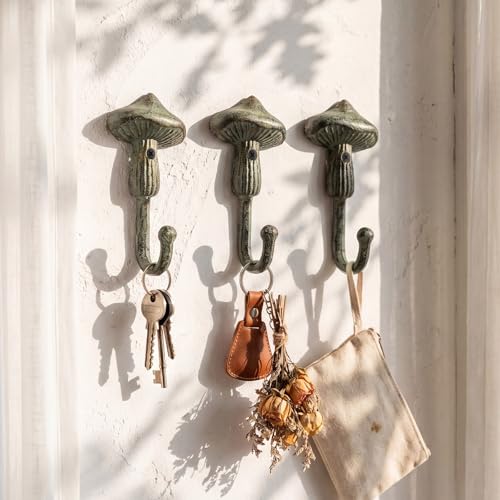 Otoolling 3 Pcs Mushroom Wall Hooks Decorative Iron Mushroom Shaped Hanging Hooks Wall Mounted Coat Towel Bags Hanger Key Holder for Home Bathroom Kitchen (Short Size,Antique Style,Bronze Patina) by Otoolling - Used condition - US$17.09