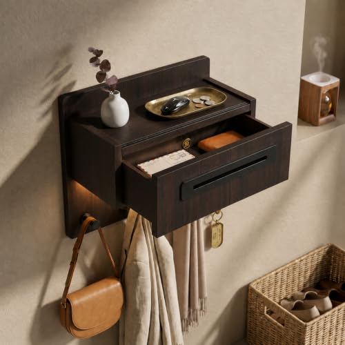 CANCHIC Wall Shelf with Drawer & Hooks, Floating Shelf Drop Zone with Light