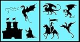 Auto Vynamics - STENCIL-DRAGONSET01-10 - Detailed Castle & Dragons Stencil Set - Includes Dragons, Knights, Castles, & More! - 10-by-10-inch Sheet - (2) Piece Kit - Pair of Sheets