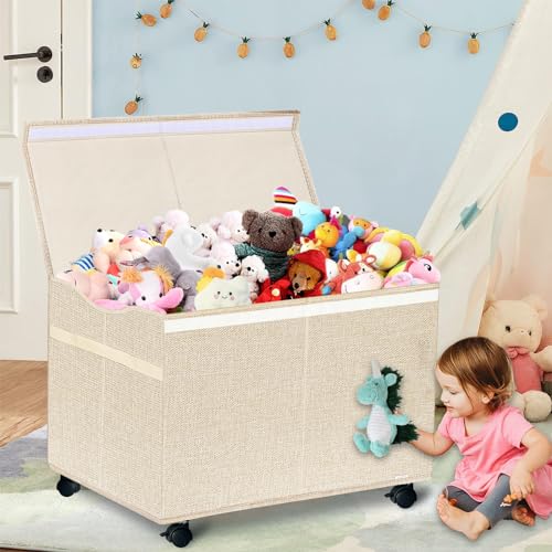 VERONLY Large Kids Toy Box Storage Chest with 360°Wheels,Toy box with Lid for Boys, Girls,Collapsible Sturdy Toy Storage Bins Containers for Stuffed Animals, Clothes, Bedroom, Nursery, Playroom -Beige - Thumbnail 3