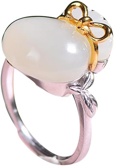 S925 Silver-Inlaid Natural White Jade Lucky Bag Bow Ring with Adjustable Opening and Including Certificate
