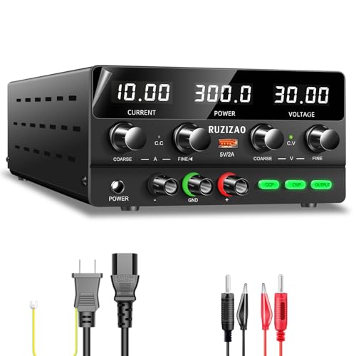 RUZIZAO 安定化電源 30V 10A 300W 4桁電圧電流電力水平スクリーン表示 スイッチング電源 エンコーダ微調整粗調整 DC 可変直流安定化電源 電気制御機器 自動切替 高精度 低雑音直流電源 自動温度制御冷却 テスト 修理 研究 実験室用 バ