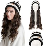 Silk-co Hat Wig Winter Warm Knitted Black and White Beanie Hat with 18" Straight Hair Extension Synthetic Hairpiece Knitted hat wig Hair 18Inch 240g Color #Light Brown & Blonde