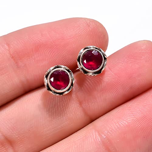 Universe Kart Round Ear Studs In 925 Sterling Silver, Girls Stylish Vintage Minimal Jewellery For Everyday Use & Office, Jewelry Gift For Women, (5 Mm, Pink Ruby) #TOP1
