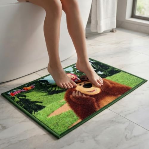 Image of Athom Living Cartoon Printed Themed Multi Colored Kids Premium Nylon Bathmat, with Latex Backing, Anti-Slip Bathmat, 37 x 57 cm, Pack of 1 (Masha and The Bear)