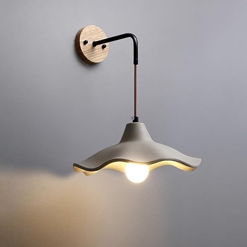 Miniatura 1 de Rustic Cement Wall Sconce, Solid Wood E27 Lighting Fixture with Wavy Organic Shade, Lamp for Bedroom, Living Room, Dining Decor