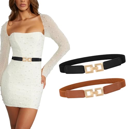 XZQTIVE 2 Pack Women Skinny Stretchy Cinch Belt for Dresses, Thin Elastic Belt Ladies Waist Belt with Retro Gold Buckle