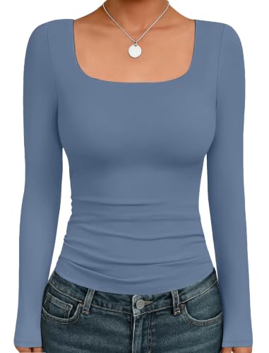 Ekouaer Square Neck Tops for Women Long Sleeve Shirts Y2k Fitted Undershirt - image 1