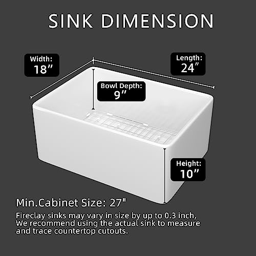 Miuara Farmhouse Sink 24 Inch X 18 Inch Fireclay White Farmhouse Sink Deep Apron Sink Undermount Farmhouse Kitchen Sink Single Bowl Farm Sink With Custom Bottom Grid & Kitchen Sink Strainer #TOP2