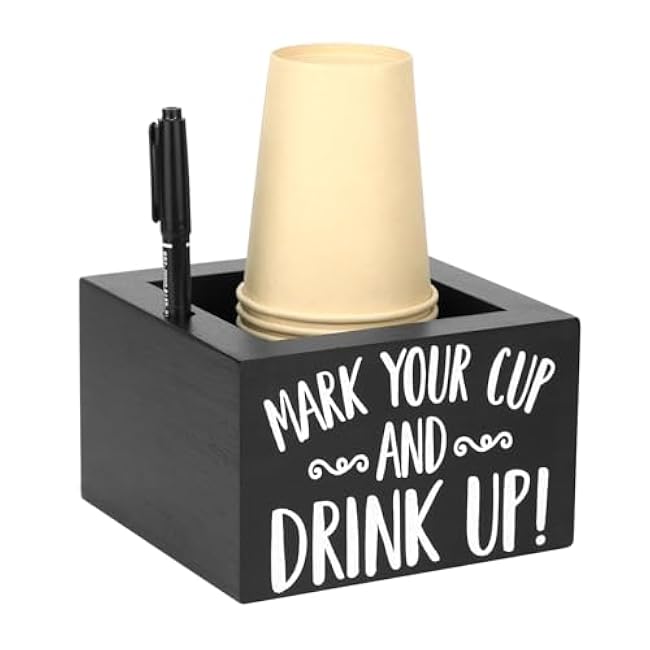 QWORK Disposable Cup Holder with Marker Slot - Solid Wood, Wooden Party Cup Holder, Drink Caddy Dispenser Organizer Drink Up Cup Holder for Kitchen, Parties, Bathrooms, Housewarming Party Decor