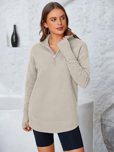 PRETTYGARDEN Womens Long Sleeve Quarter Zip Pullover Sweater Casual Loose V Neck Collared Ribbed Knit Jumper Tops Thumb Hole2