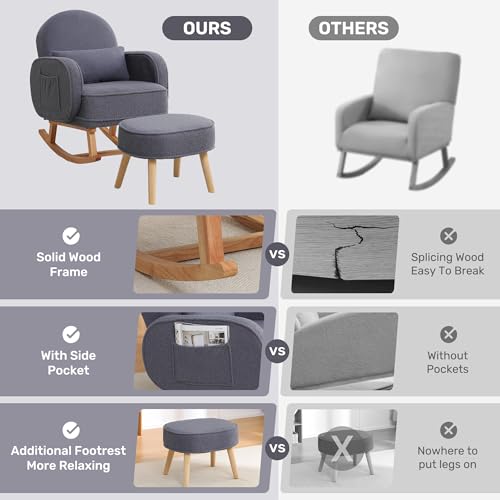 Image of HCHAIRH Nursery Rocking Chair with Footrest, Upholstered Glider Rocker with High Backrest and Side Pocket, Rocking Accent Armchair with Solid Wood Legs for Nursery, Living Room, Bedroom Dark Grey