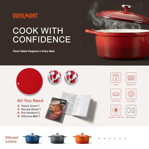 Image of Overmont Enameled Cast Iron Dutch Oven - 5.5QT Pot with Wide Handles Lid Cookbook & Cotton Potholders - Heavy-Duty Pre-Seasoned Cookware Oven Safe to 500F for Braising, Stews, Roasting, Sourdough Baking